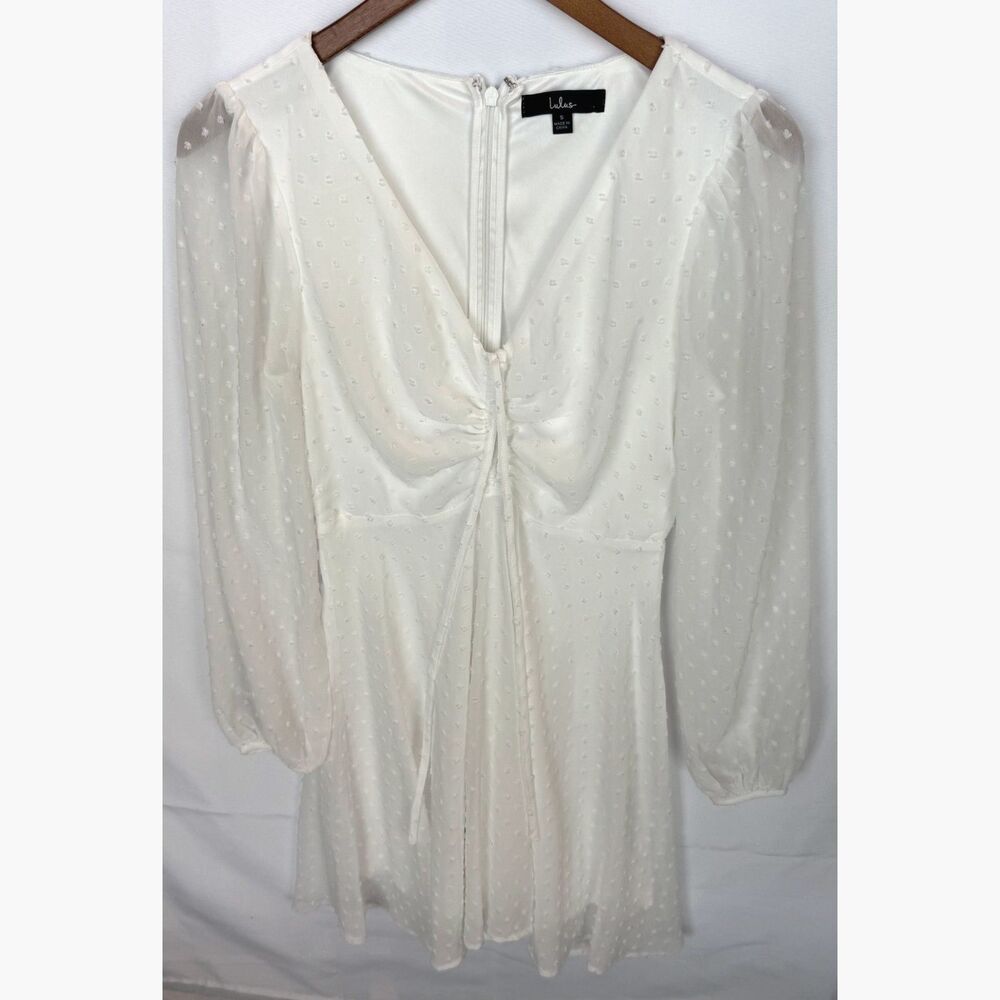 Lulus Womens Small White Swiss Dot Long Sleeve V-Neck Mini Dress Bridal Boho
